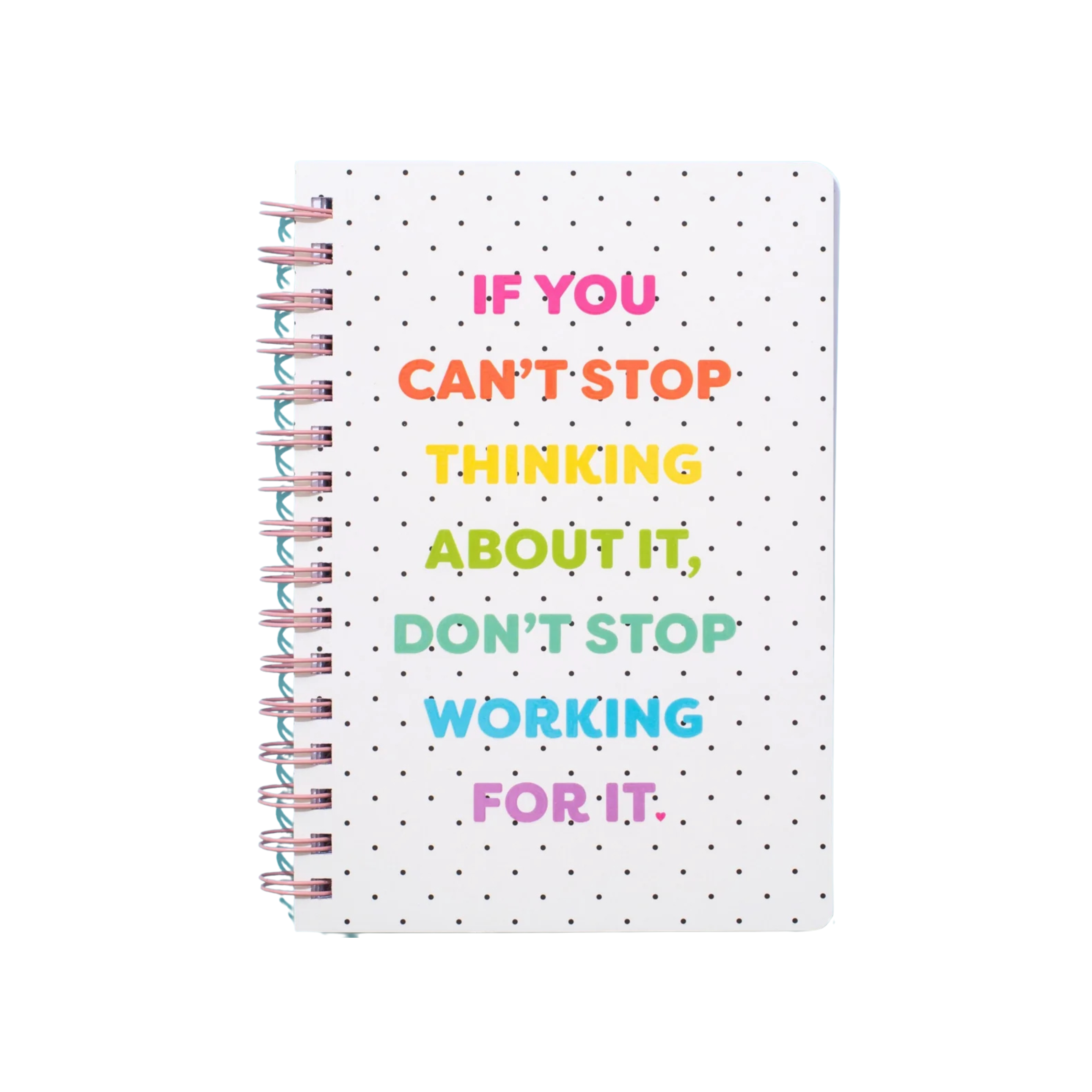White spiral notebook with black polka dots and rainbow motivational text – Funky Confetti